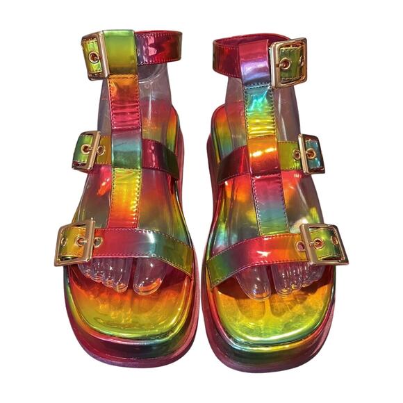 ASOS 8 Chunky Rainbow Platform Gladiator Sandals Holographic Y2K Festival - Picture 3 of 9